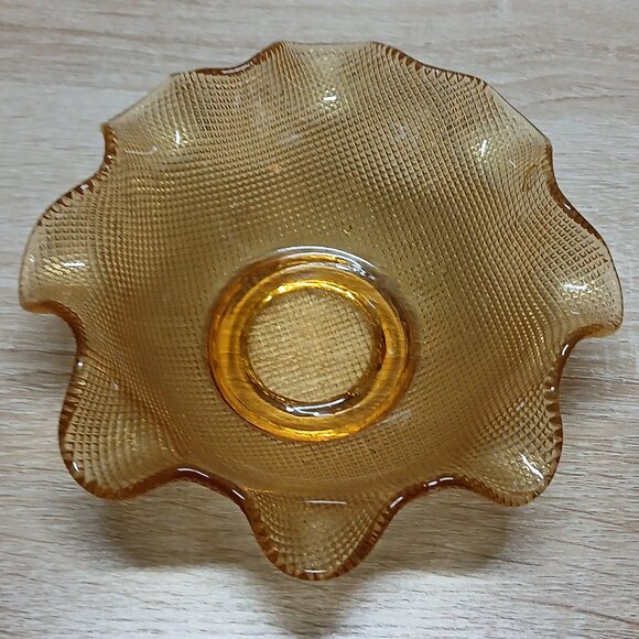 Vintage Amber Glass Ruffled Edge Crosshatch Grid Pressed Glass Decorative Bowl - Picture 10 of 10